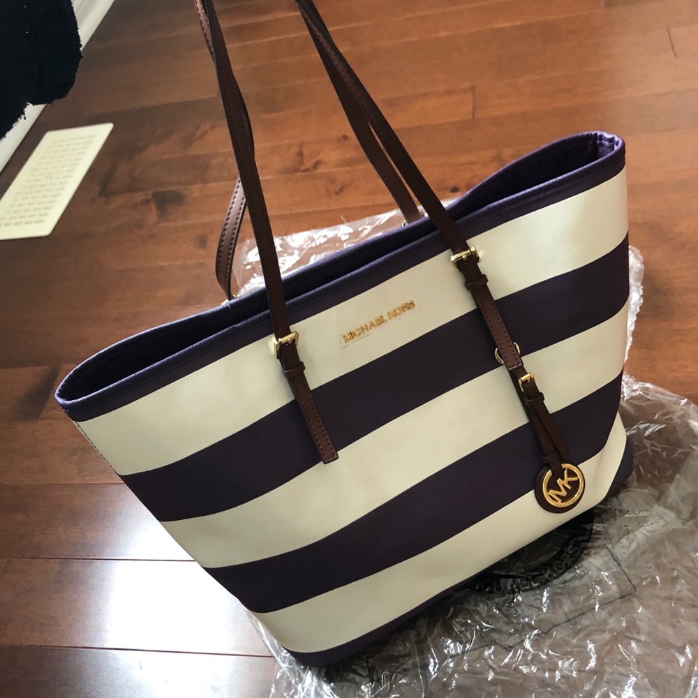 Amazing striped purple blue and white Michael Kors Mercer Tote bag